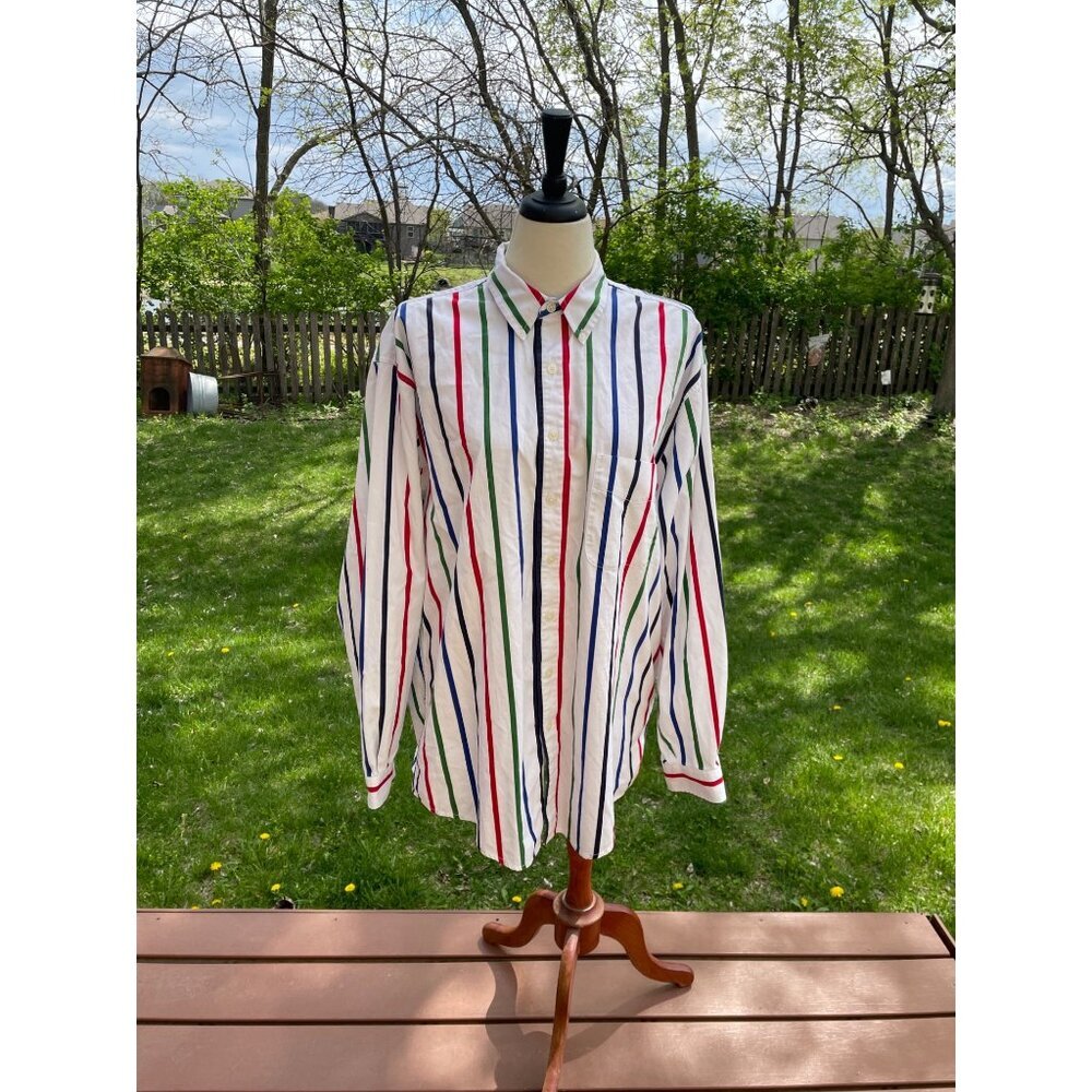 Eddie Bauer Mens L/G Tall Grand White Multicolor Stripe Cotton Button-Up Shirt